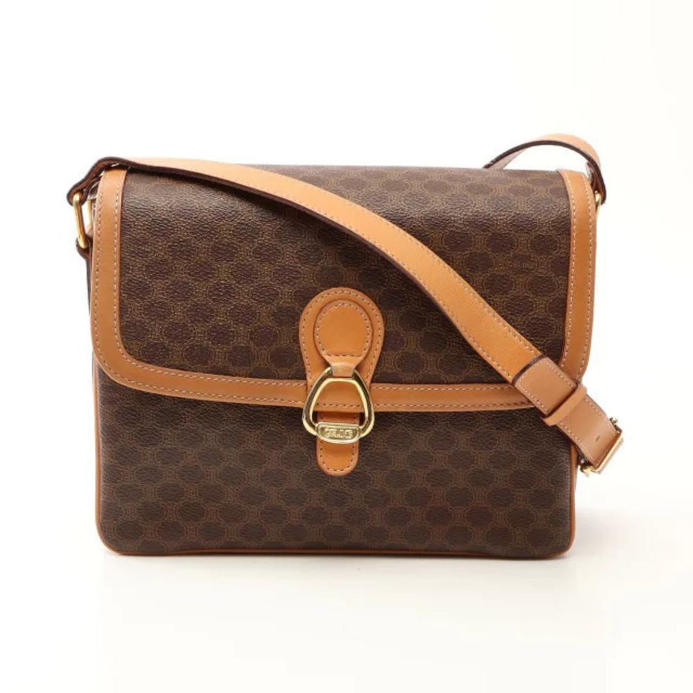Celine Macadam Shoulder Bag Canvas Leather Brown Beige Cream
